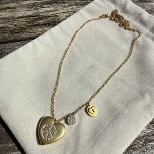 Meira T 14K Brushed Solid Gold Heart Peace Sign Pendant Necklace Diamond Pavé